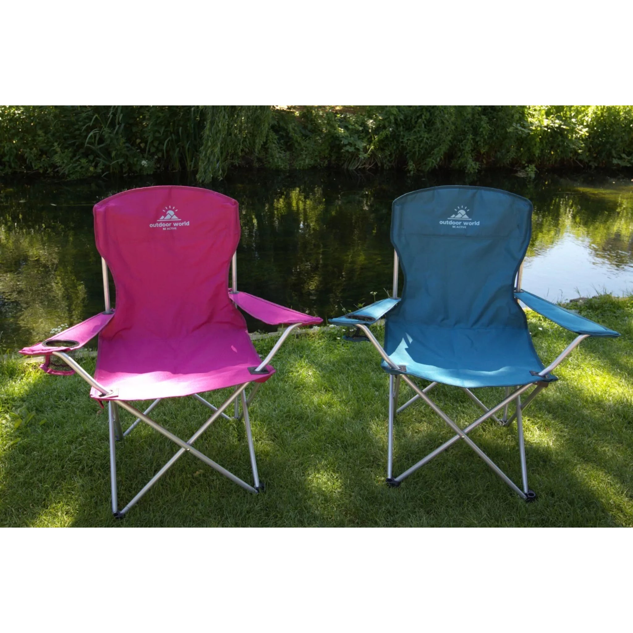 Berry Red/Pink and Blue Outdoor World Folding Camping Chair with Cup Holder High Back Waterproof Fabric Durable Steel Legs and Carry Bag